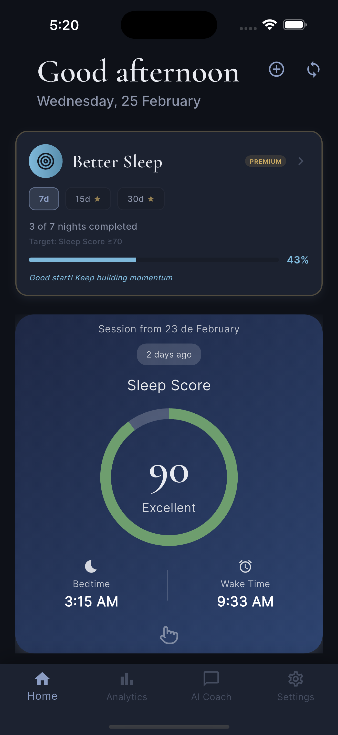 DreamIQ dashboard showing sleep statistics