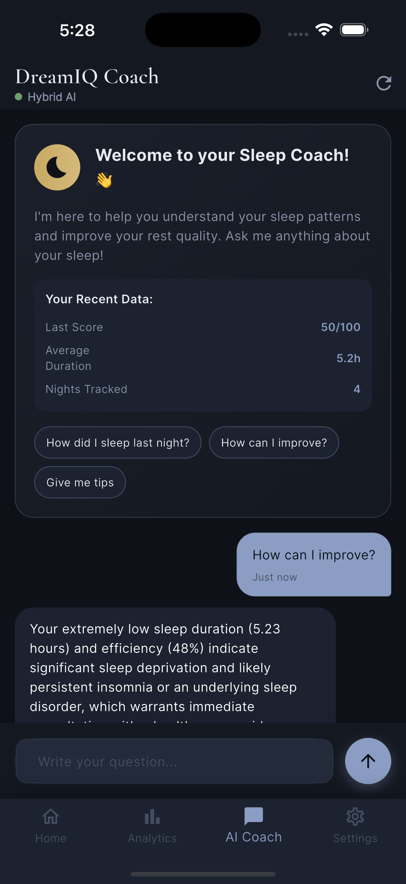 Chat with DreamIQ AI coach showing personalized sleep answers